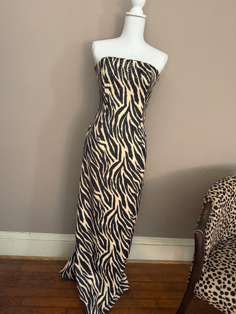 Jessica McClintock Strapless Zebra-Print Maxi Dress in Black and Cream
